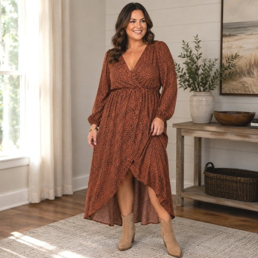 PRETTYGARDEN Maxi Dress Rust Animal Print High-Low Wrap Women XL